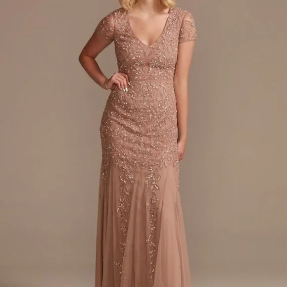 Oleg Cassini Cap sleeves, beaded, sheath dress with tulle godets